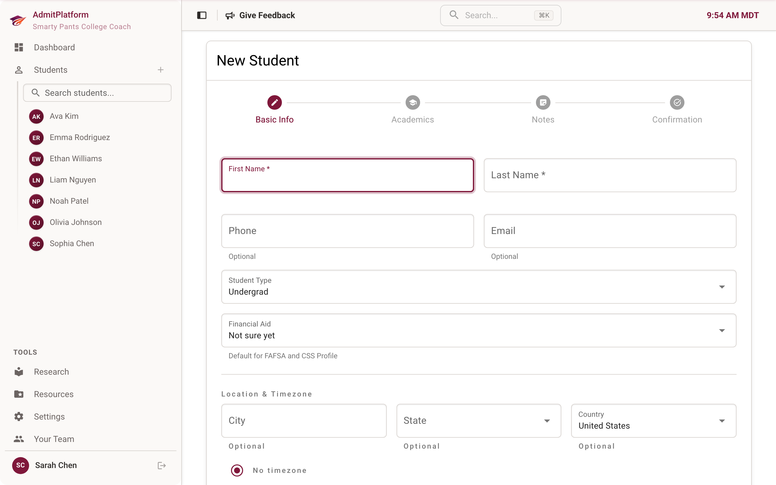 New student intake form