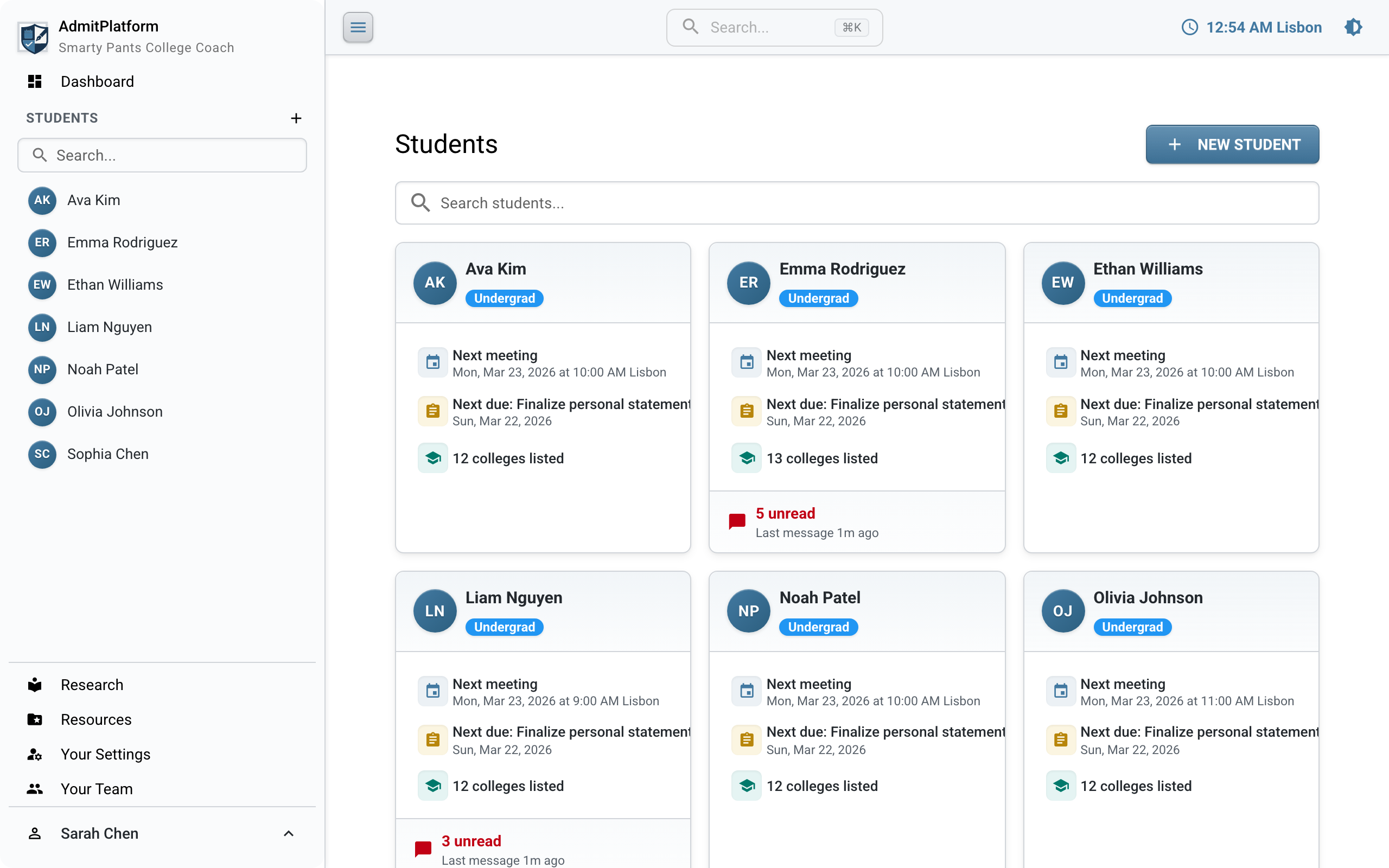 Dashboard and student list view