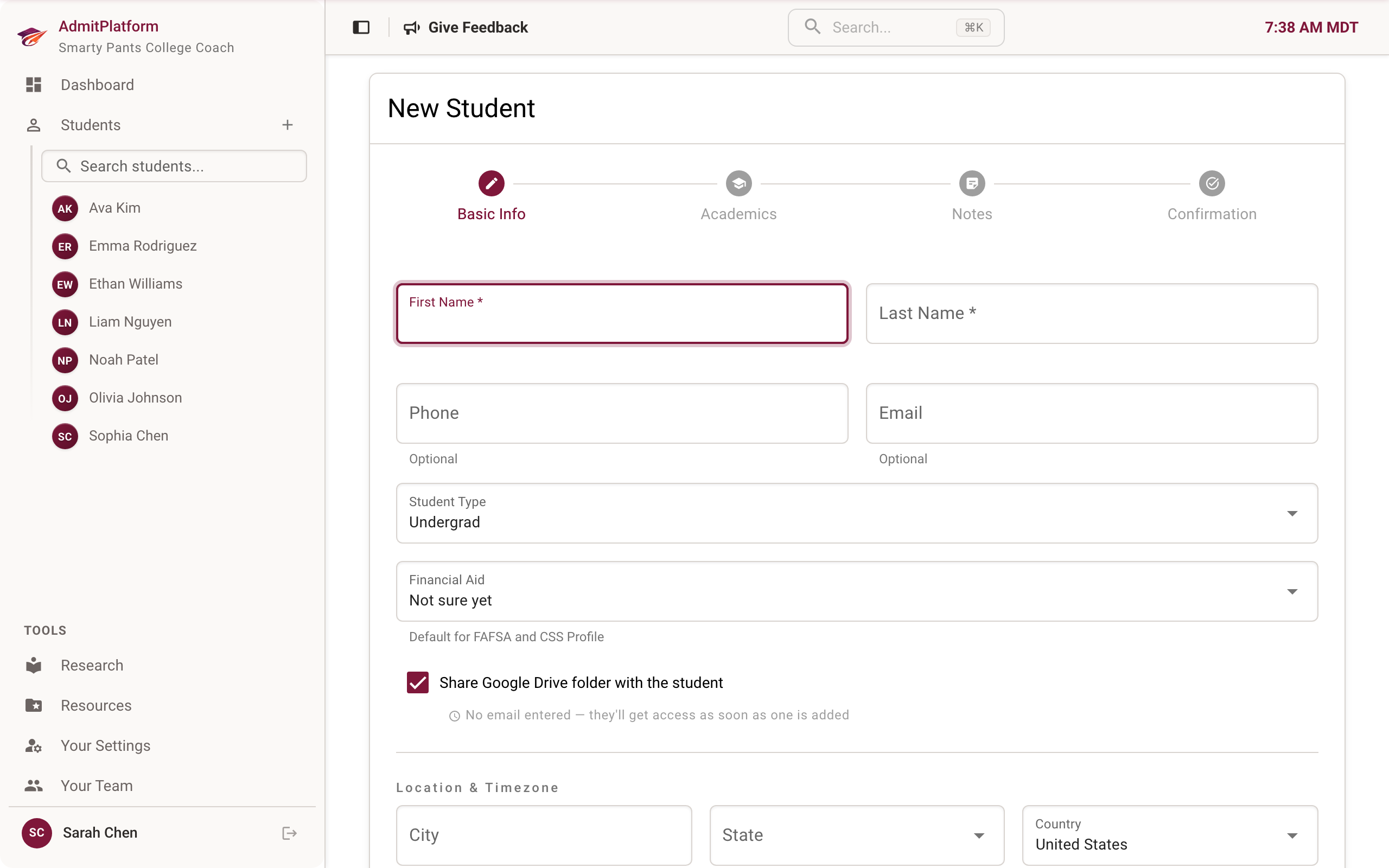 New student intake form