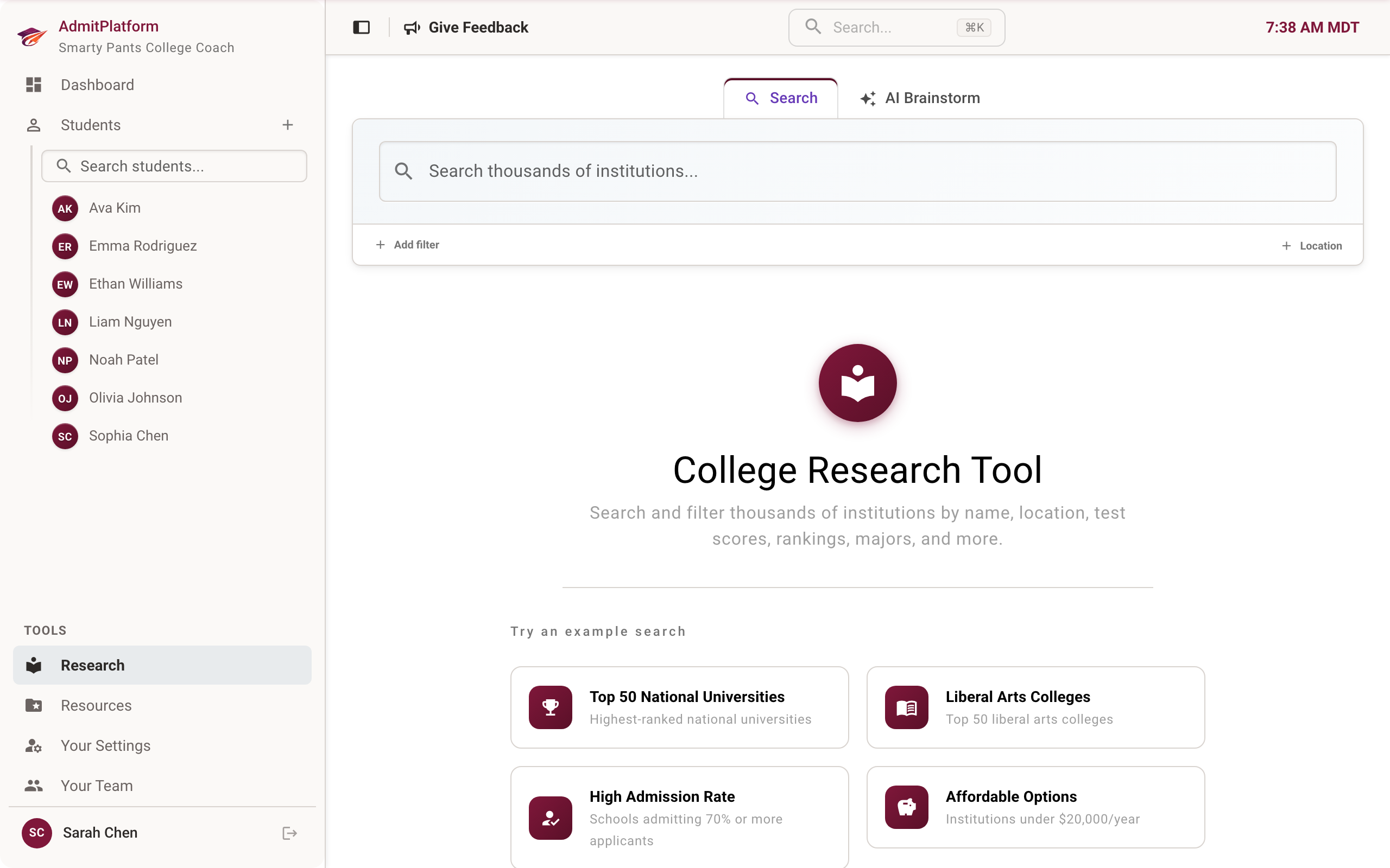 AI college search interface with results
