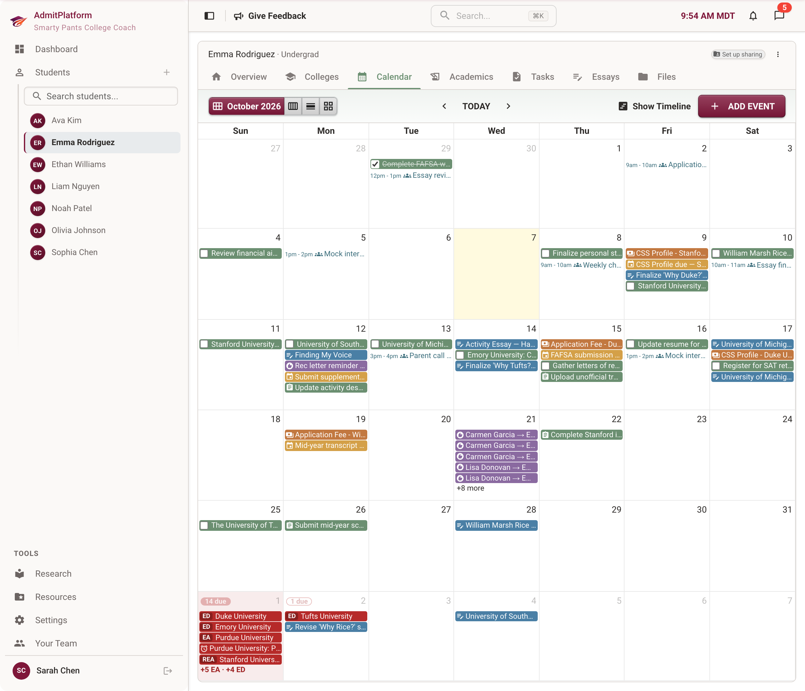 Calendar view with deadlines