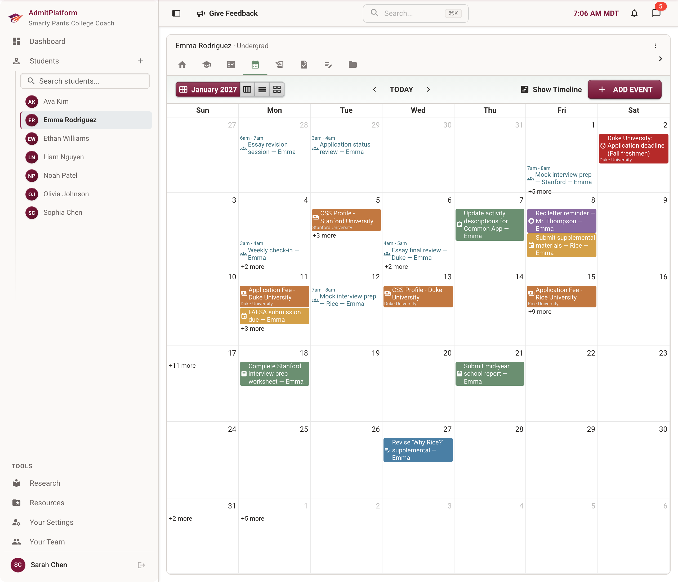 Calendar view with deadlines