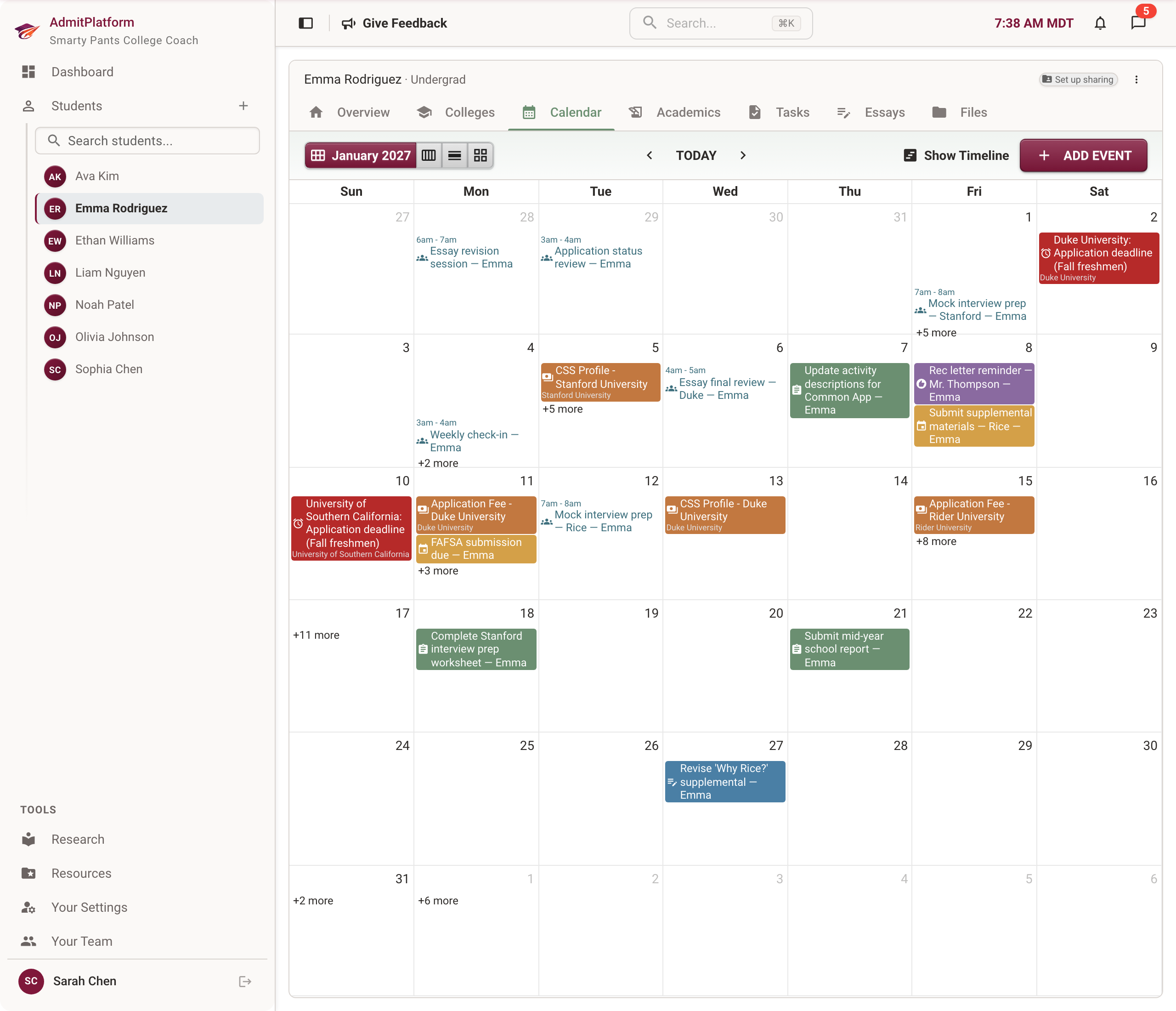Calendar view with deadlines