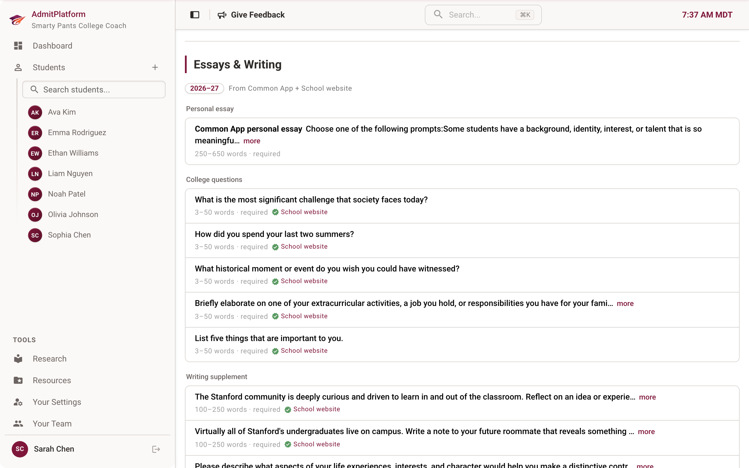 Stanford University's essay prompts — Common App personal essay, college questions, and writing supplements with word limits and verified sources
