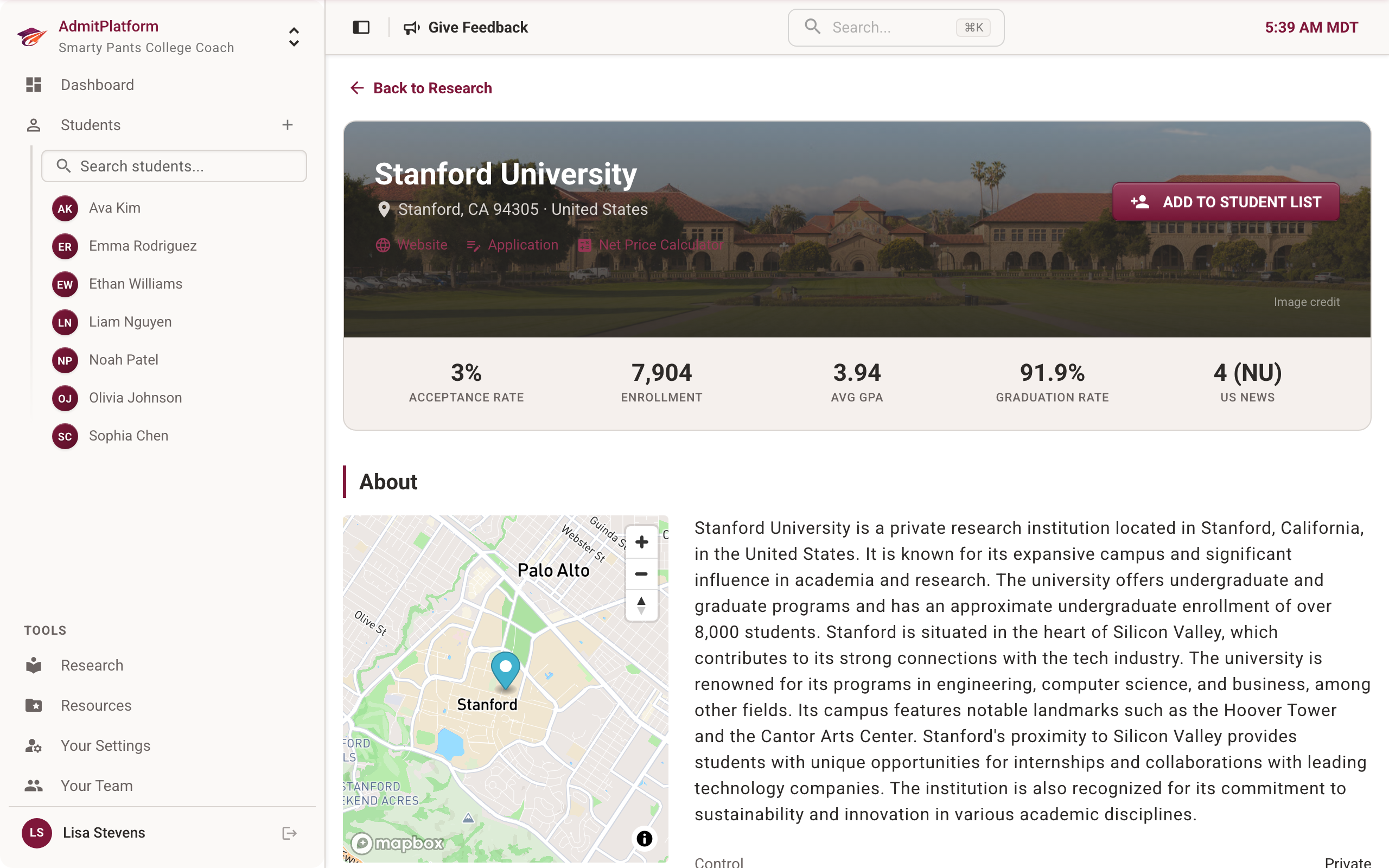 Institution detail page showing admissions data, costs, and rankings