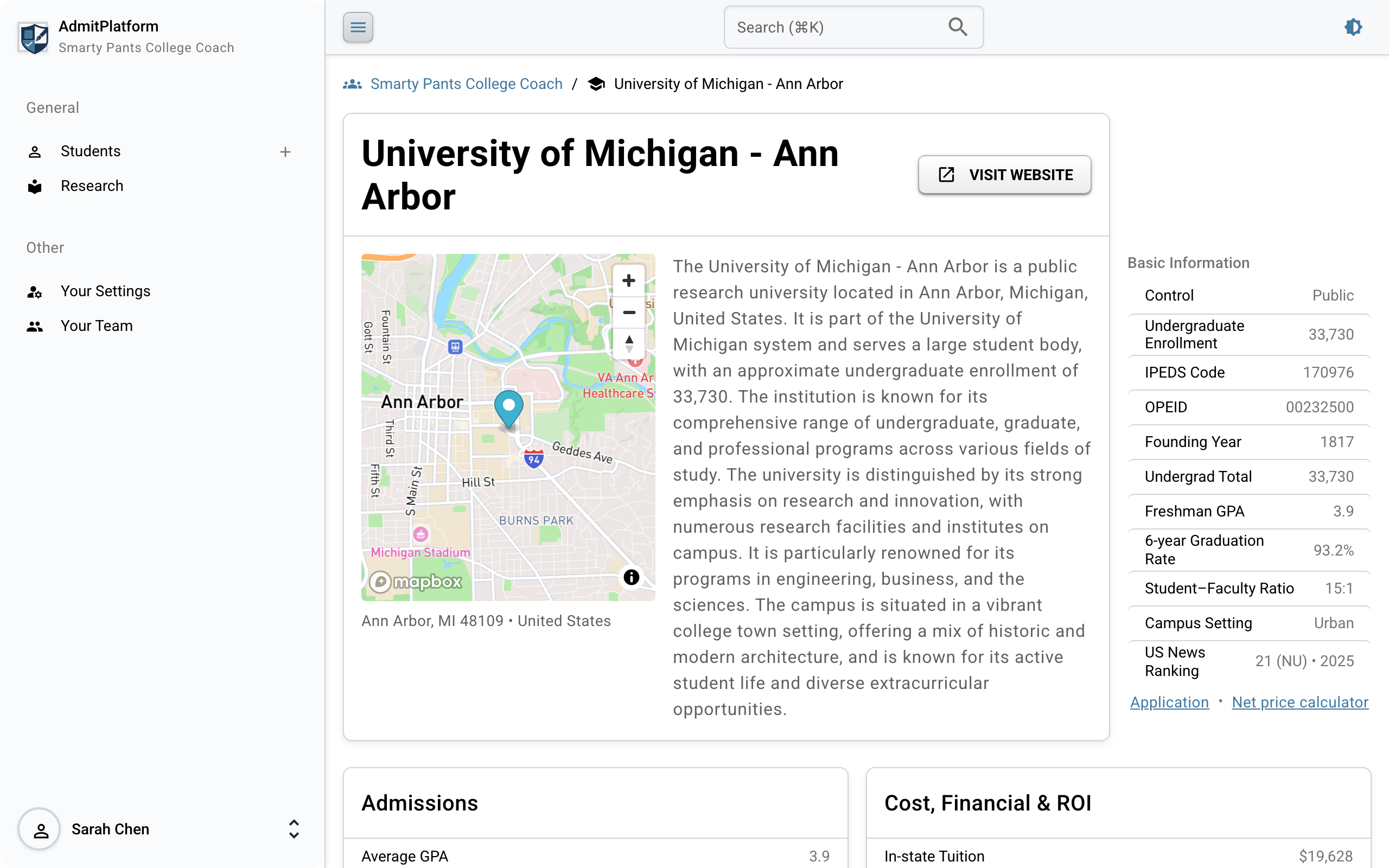 Institution detail page showing admissions data, costs, and rankings
