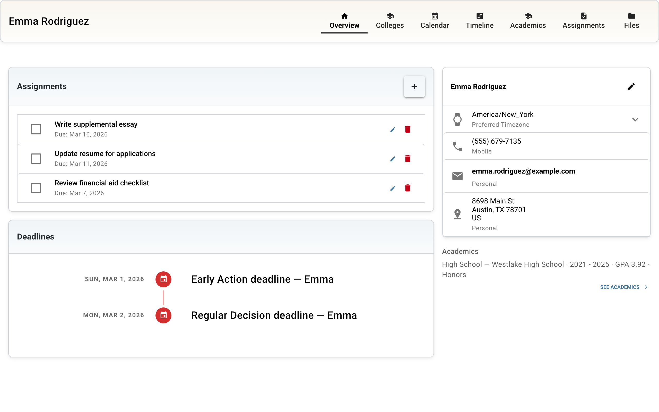 Student and parent portal showing assignments, deadlines, and academic records