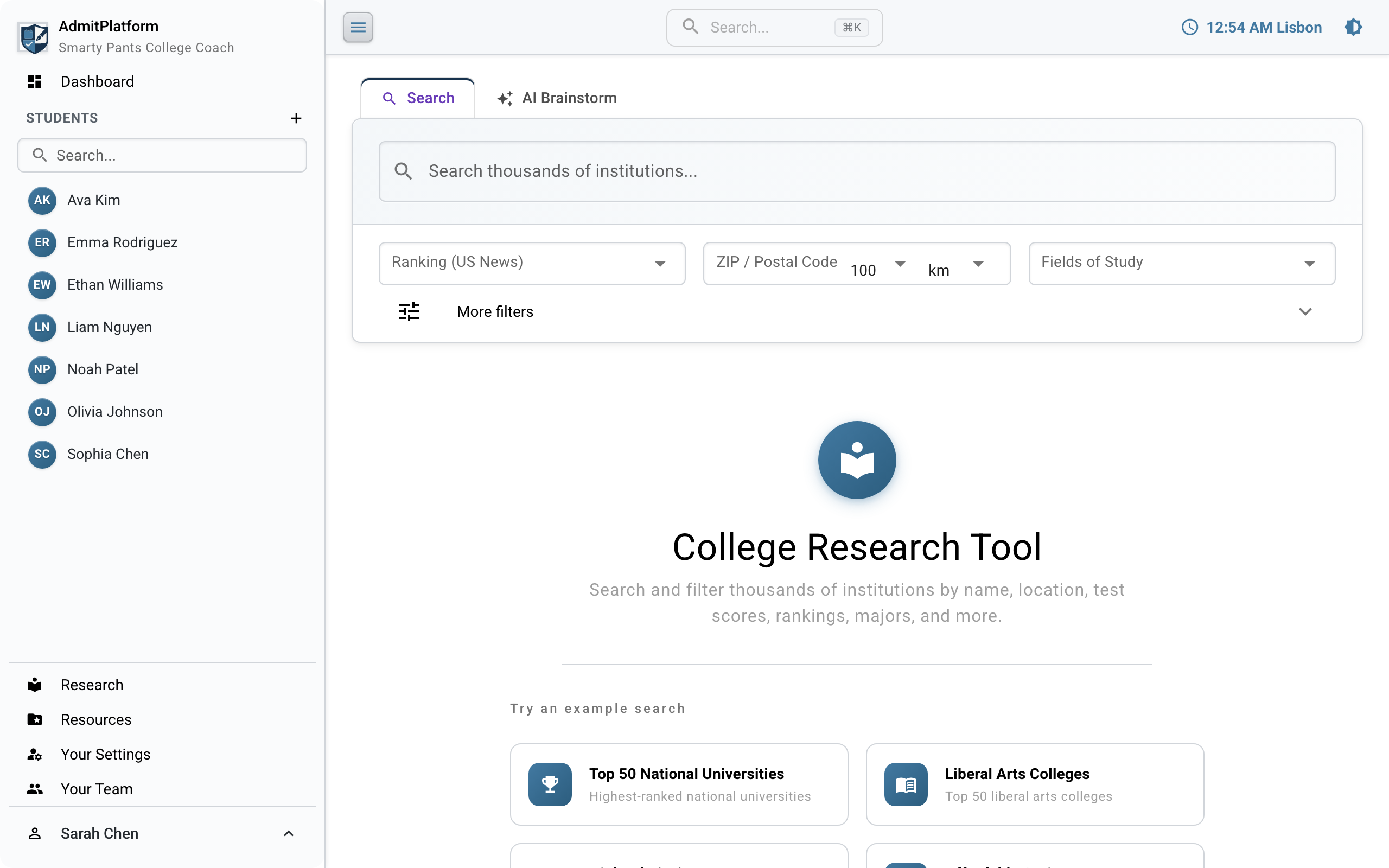 College research search with filters and AI-powered results