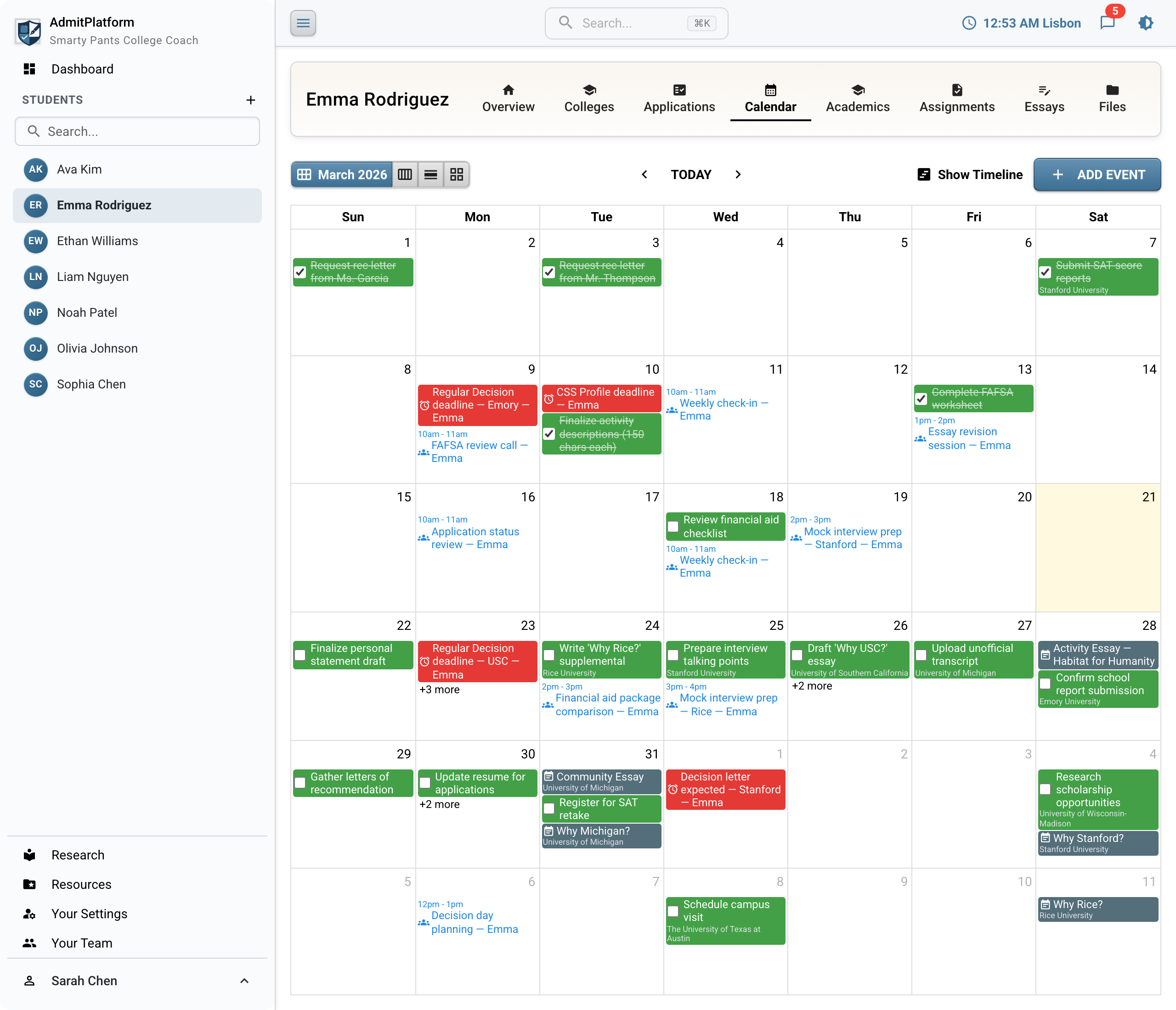 Student calendar showing deadlines across all applications