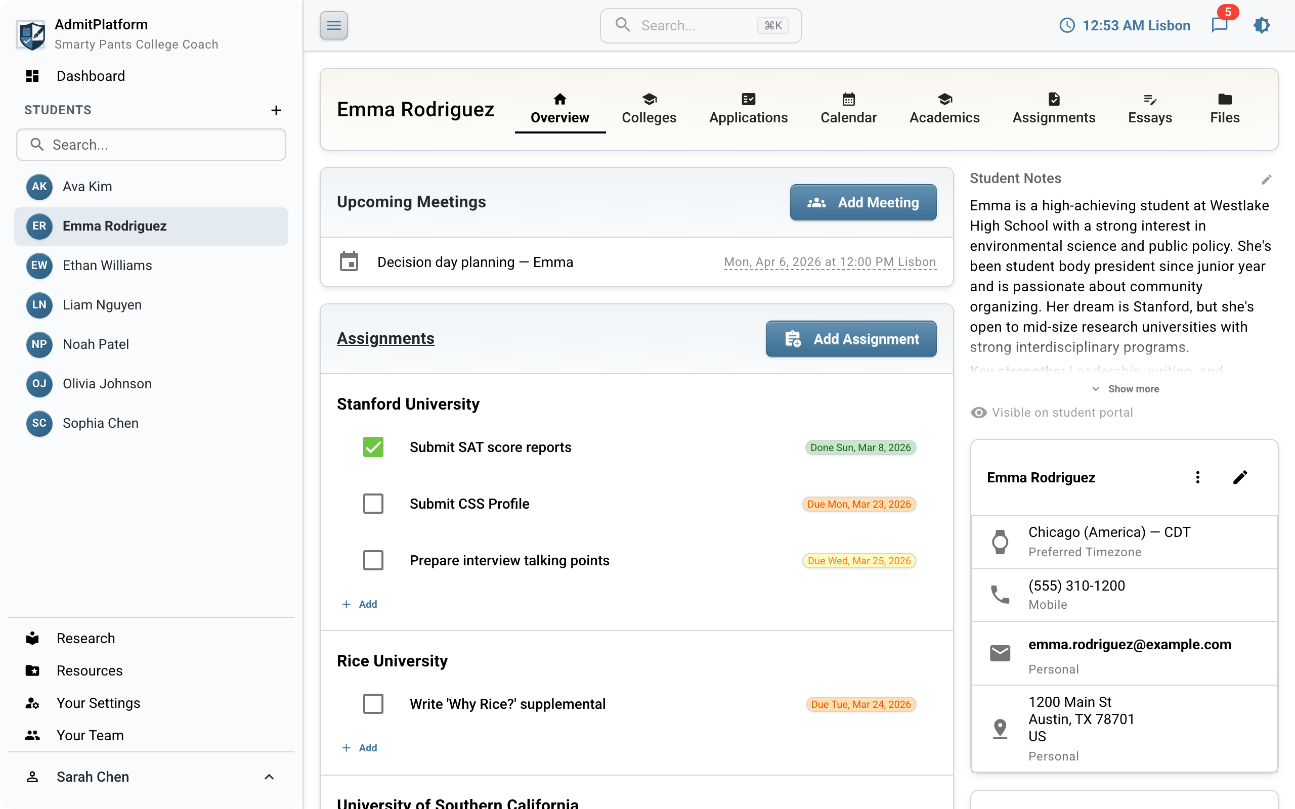 AdmitPlatform student view showing college lists, deadlines, and academic records