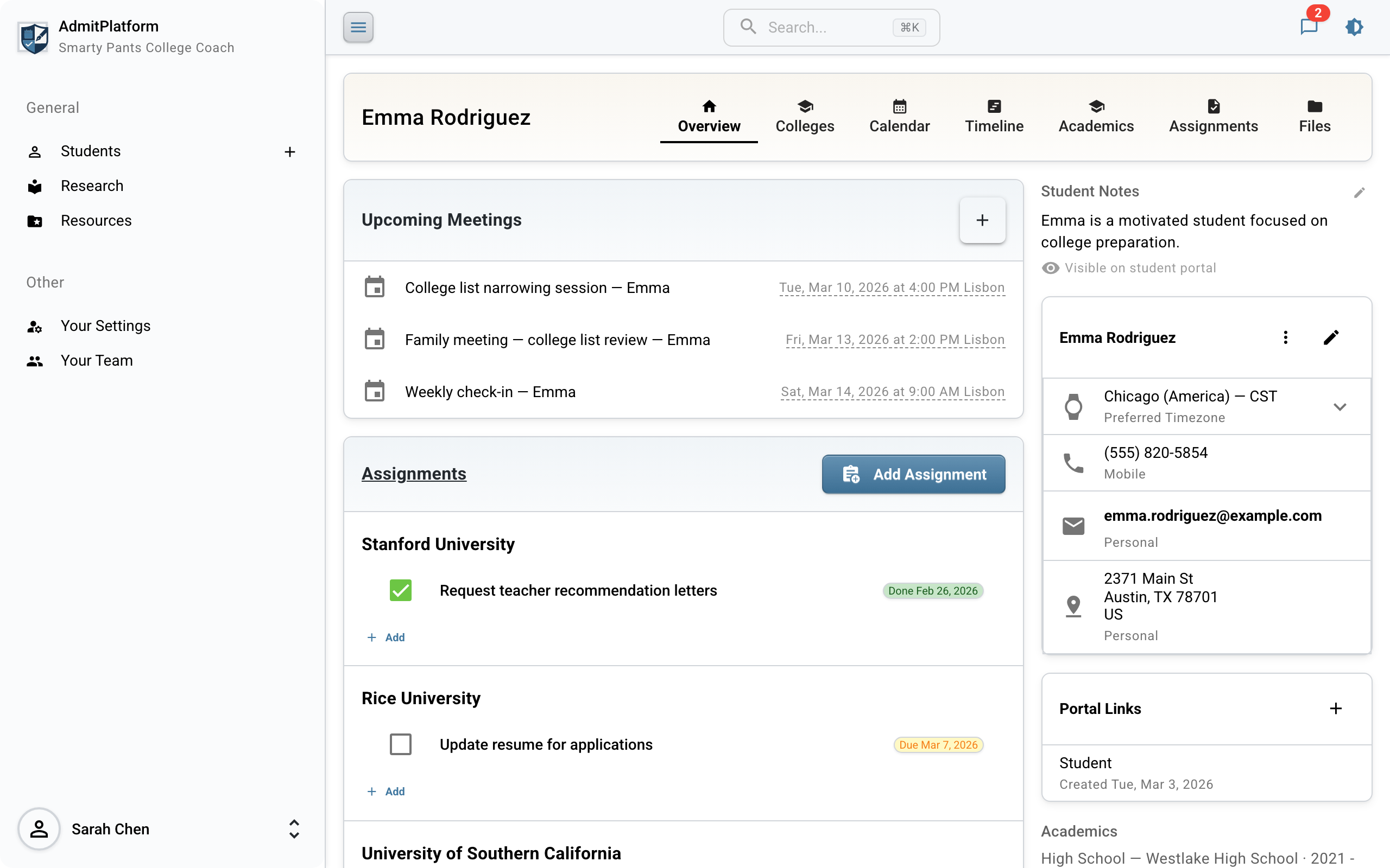 AdmitPlatform student view showing college lists, deadlines, and academic records