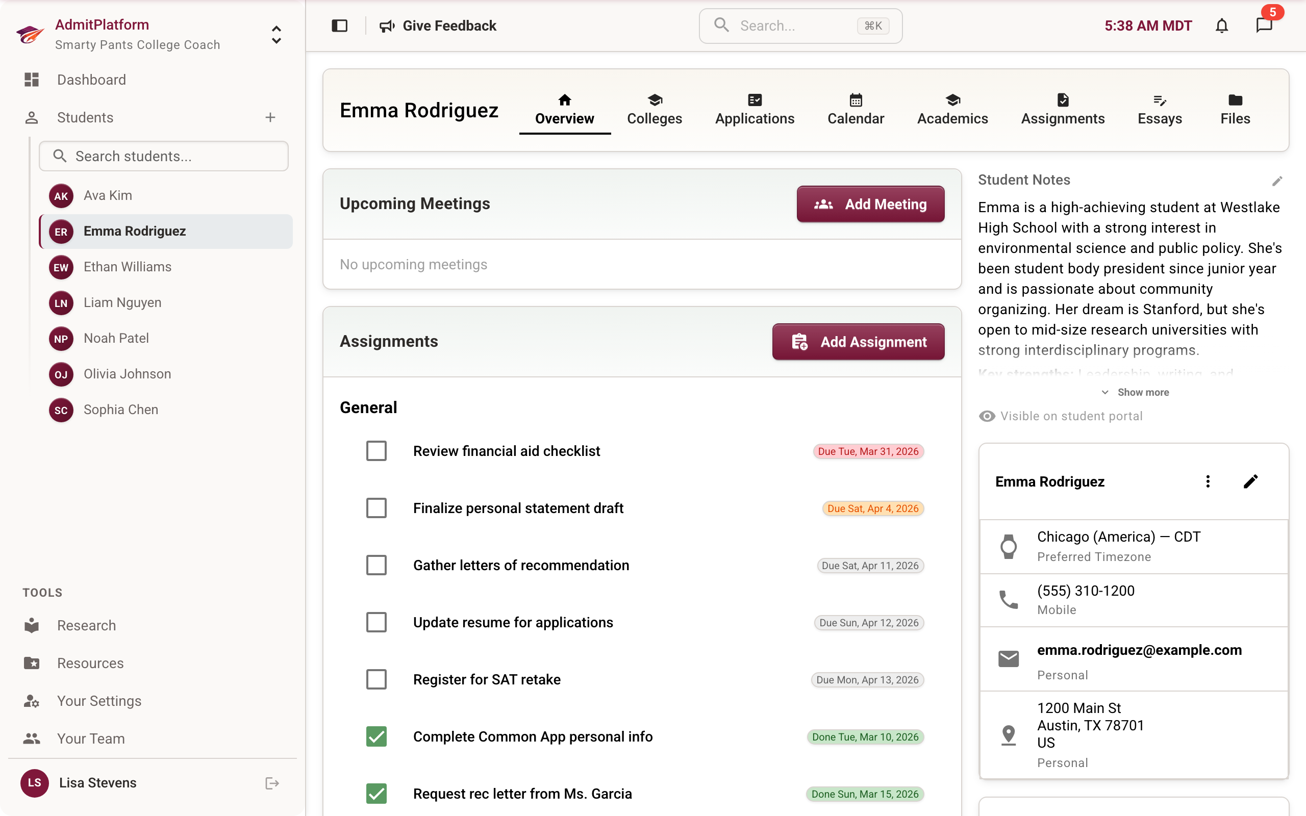 AdmitPlatform student view showing college lists, deadlines, and academic records
