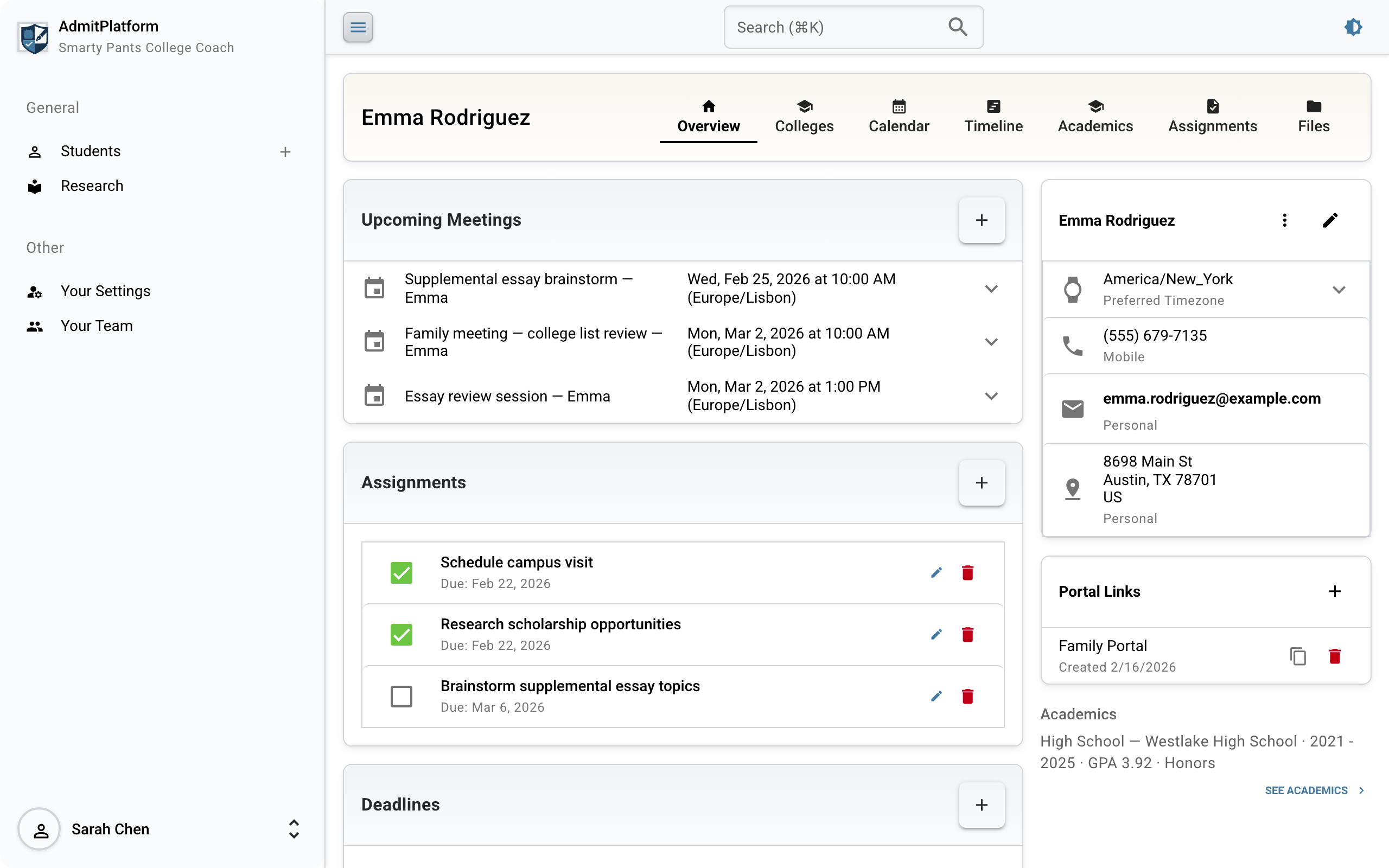 AdmitPlatform student view showing college lists, deadlines, and academic records